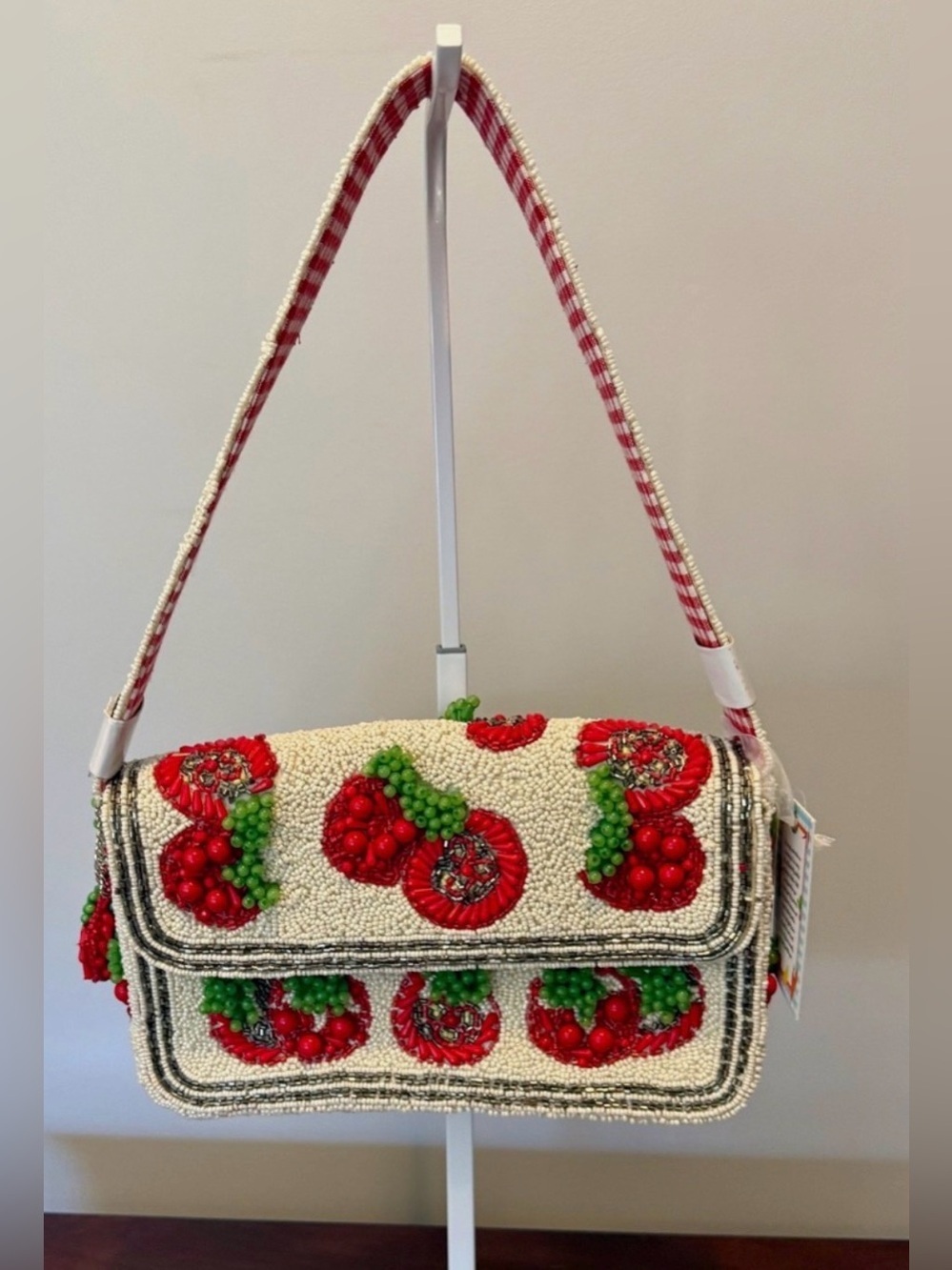 Beaded Cherry Shoulder Bag in Cream and Red